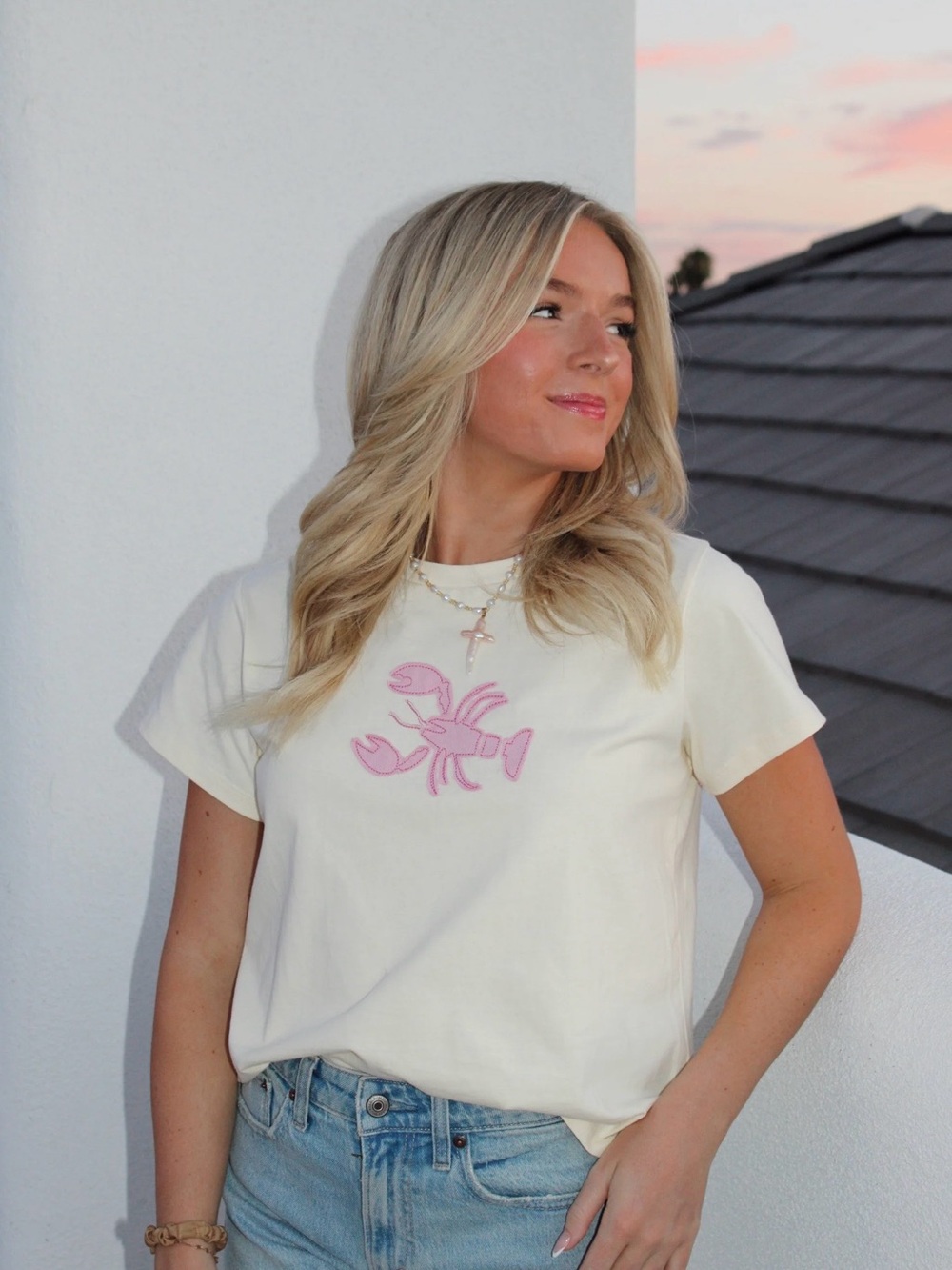 Cream Short Sleeve Tee with Pink Lobster Motif - Picture 2 of 2